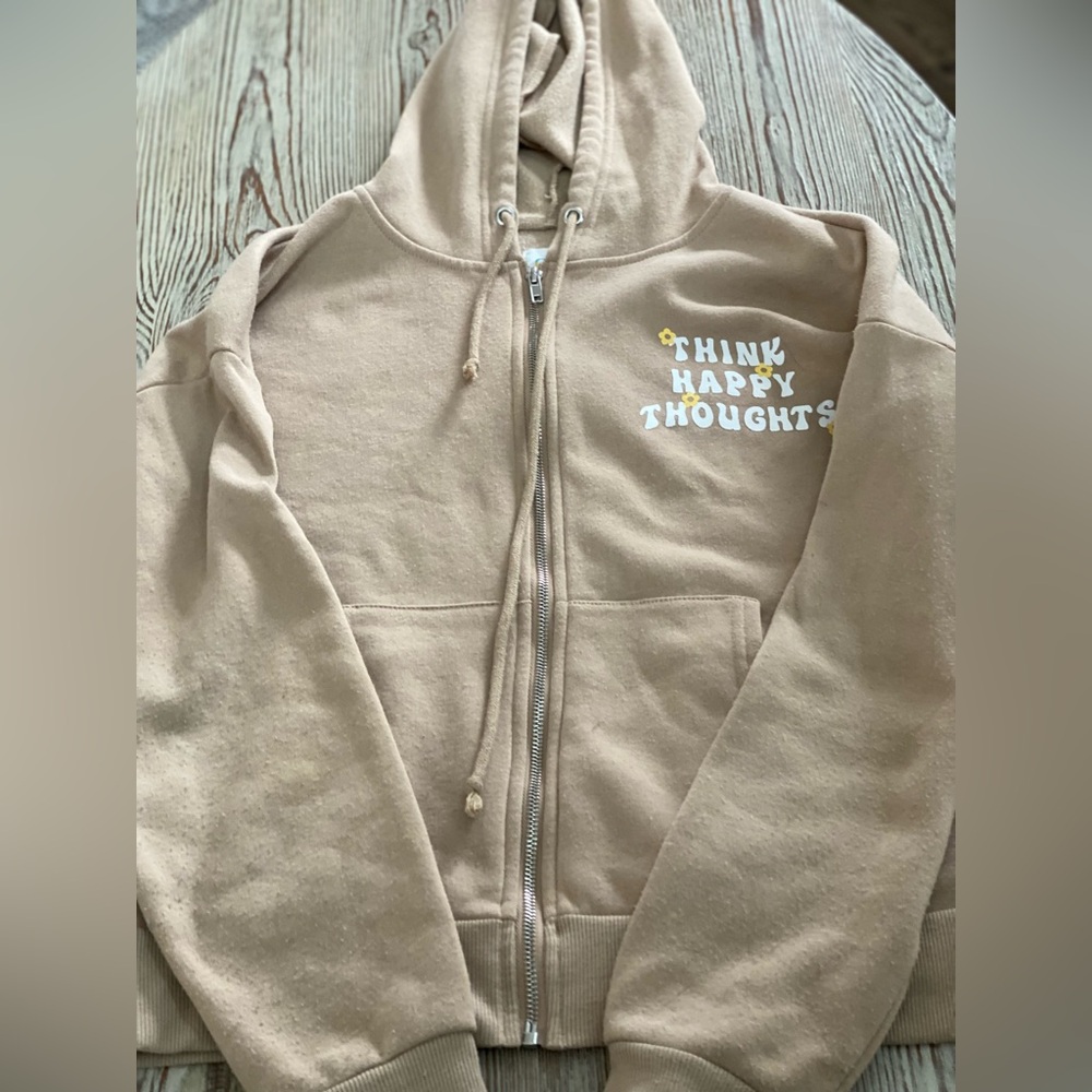 Zip Up Hoodie in Neutral/Tan Color with “Think Happy Thoughts” Lettering